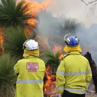 Three firefighters monitor a prescribed burn in bushland, with flames and smoke visible among native Western Australian grass trees.