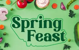 The words Spring Feast on a green background with fresh fruit and vegetables framing it. 