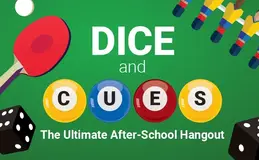 Table tennis, dice and foosball image on a green background. Pool ball style text for cues.