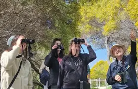 a group of people looking through binoculars